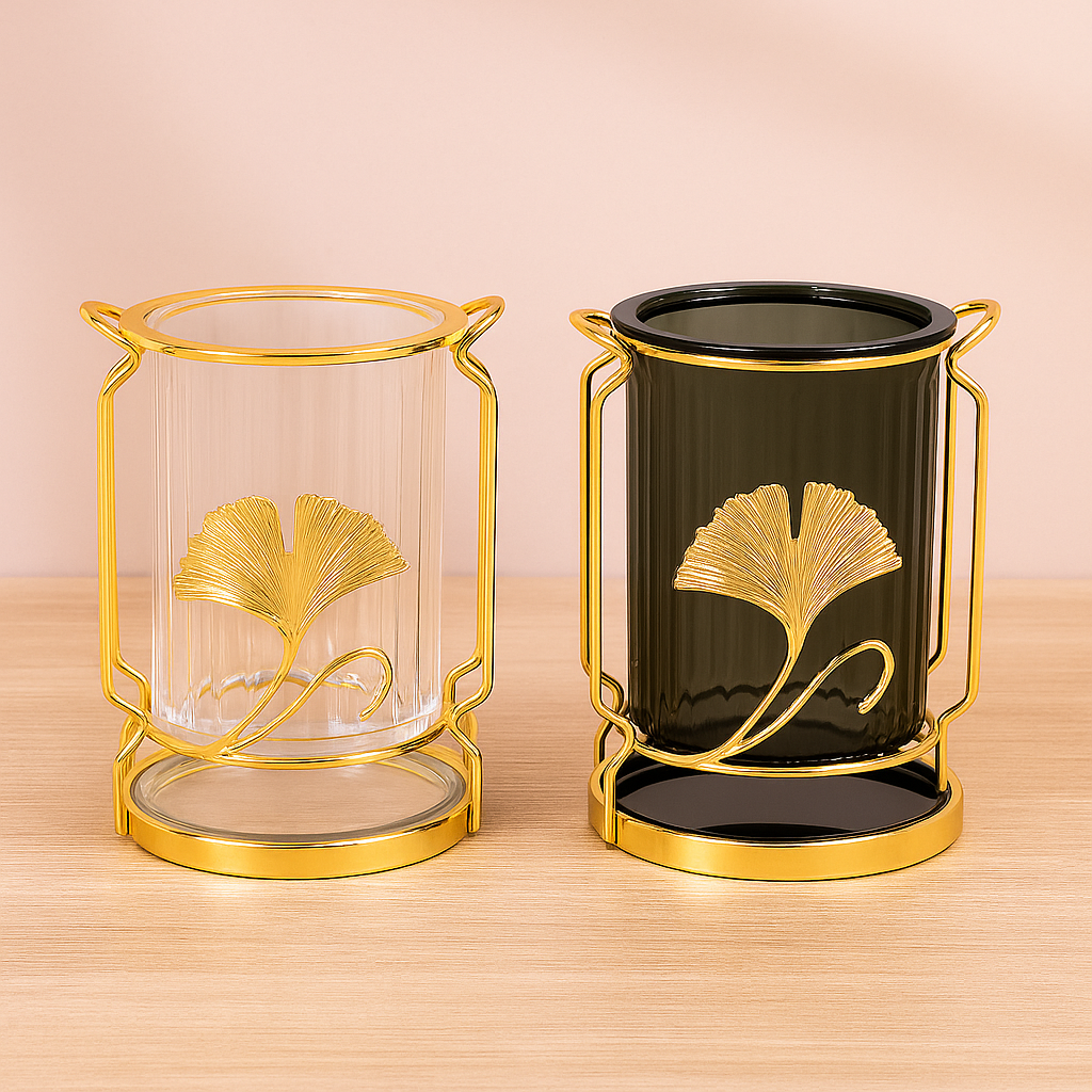 Pot à ustensiles, motif ginkgo doré