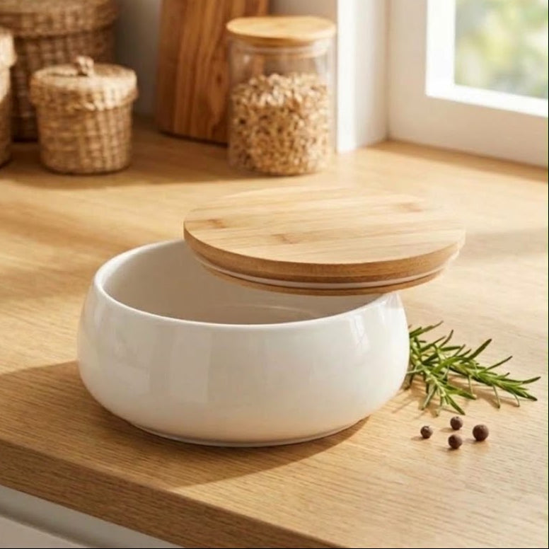 Pot rond en céramique, couvercle bambou